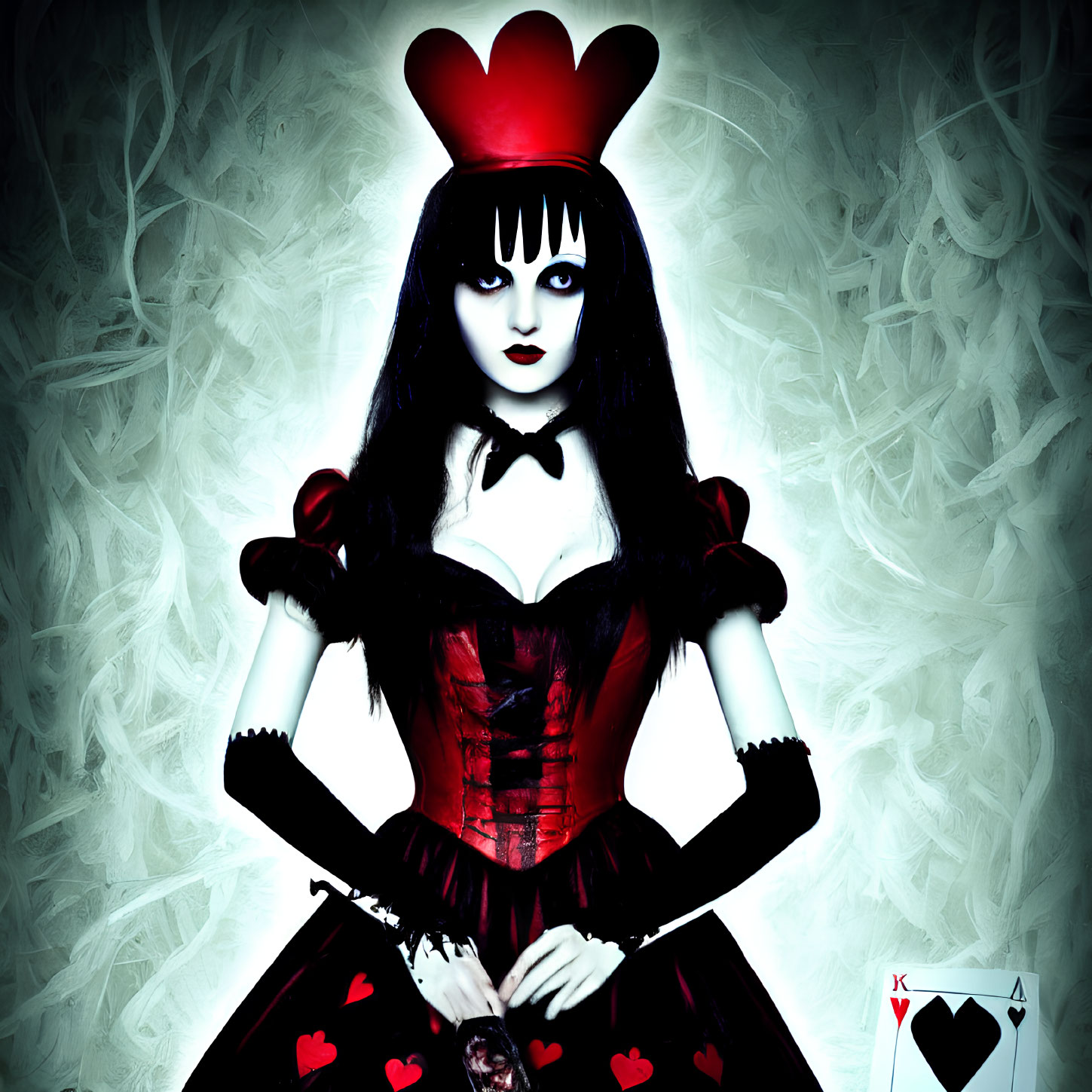 Gothic Queen of Hearts with pale complexion and dark attire