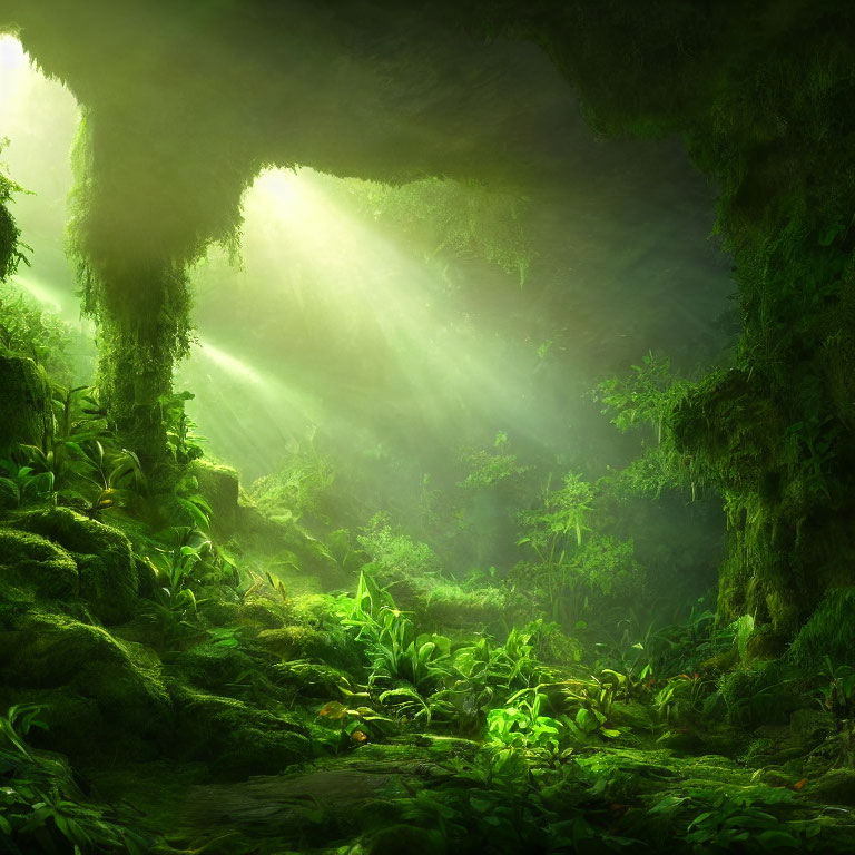 Tranquil moss-covered glade under sunlight in lush forest