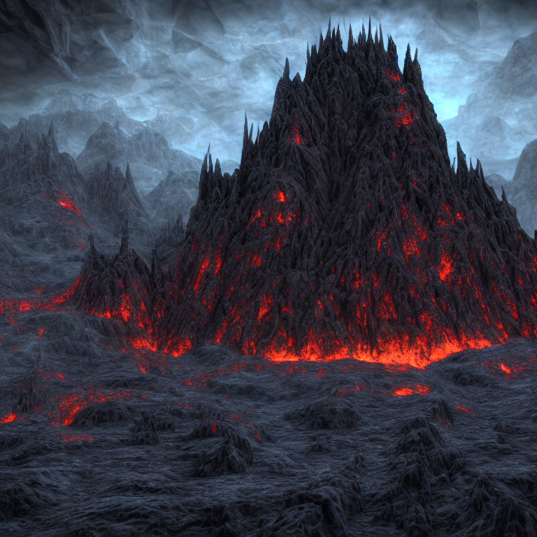 Volcanic landscape with sharp peaks and glowing lava under stormy sky
