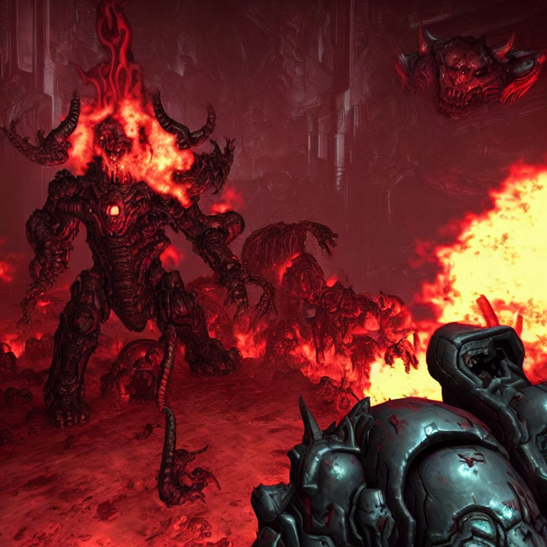 Sinister demonic figure in fiery hellish landscape with glowing eyes and molten skin.