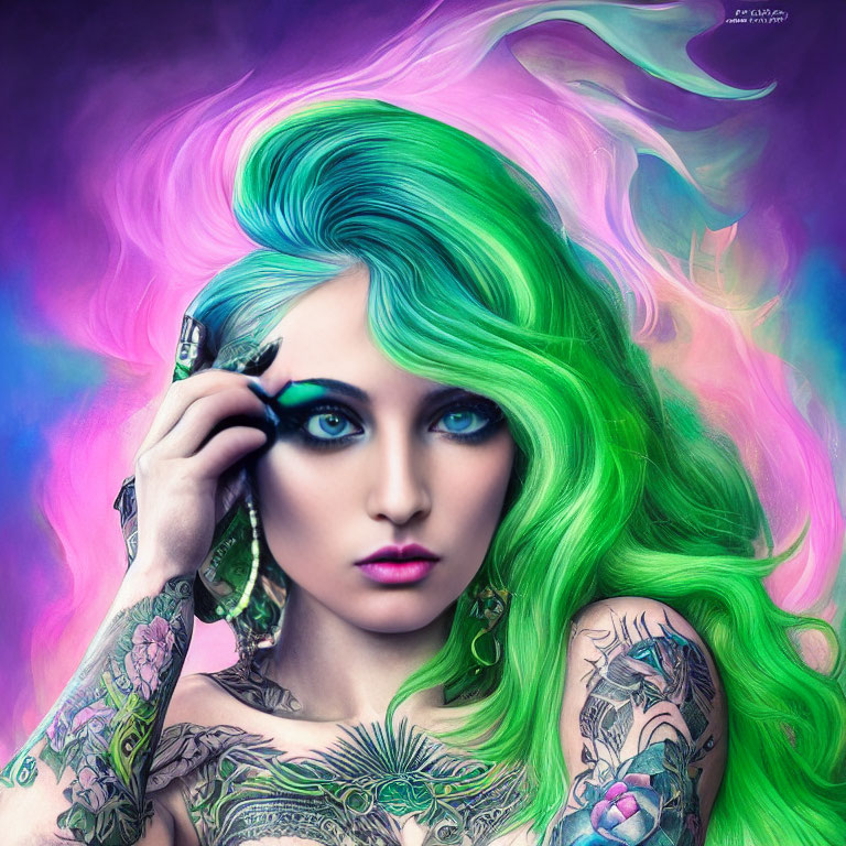 Vibrant green hair woman applying mascara on purple backdrop