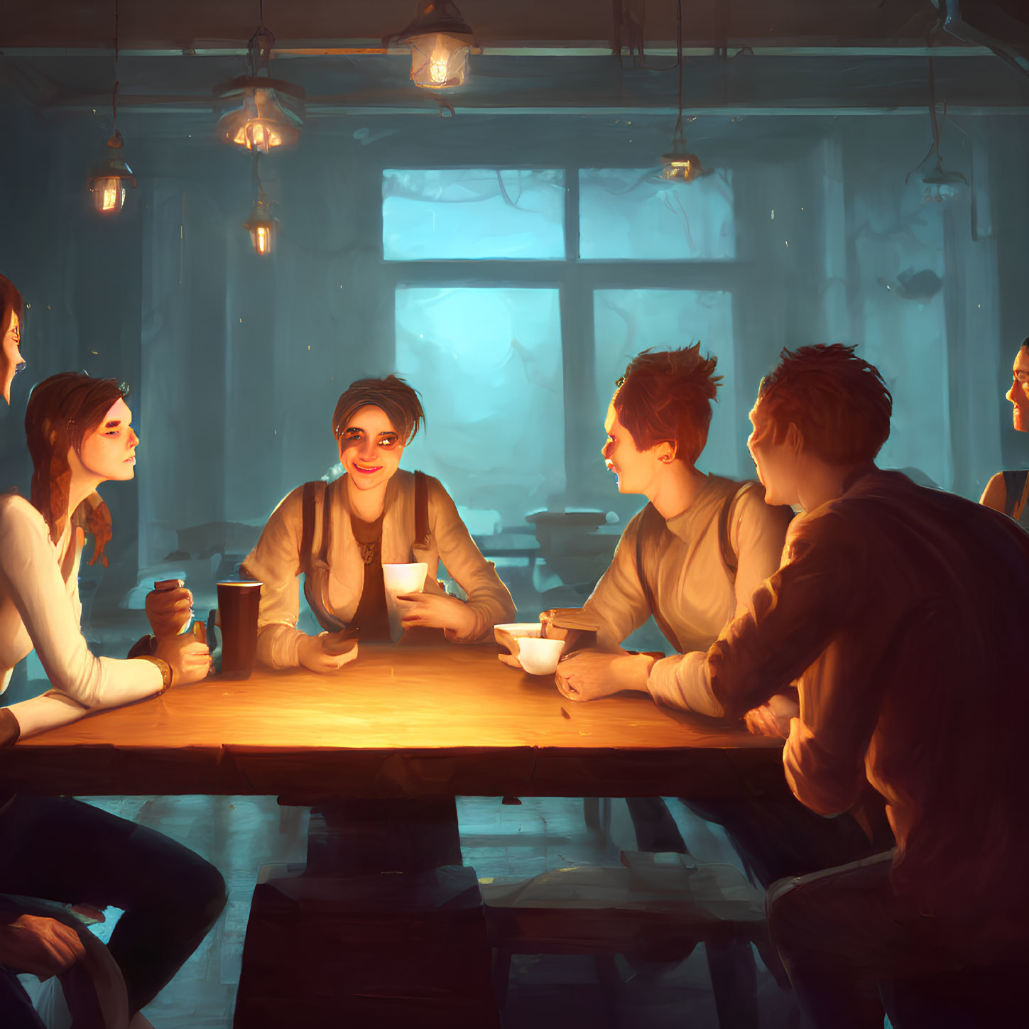 Friends chatting at cozy cafe table with warm lighting and coffee cups