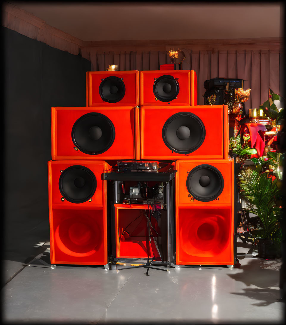 Red Speakers Surround DJ Turntable Setup in Ambient Room