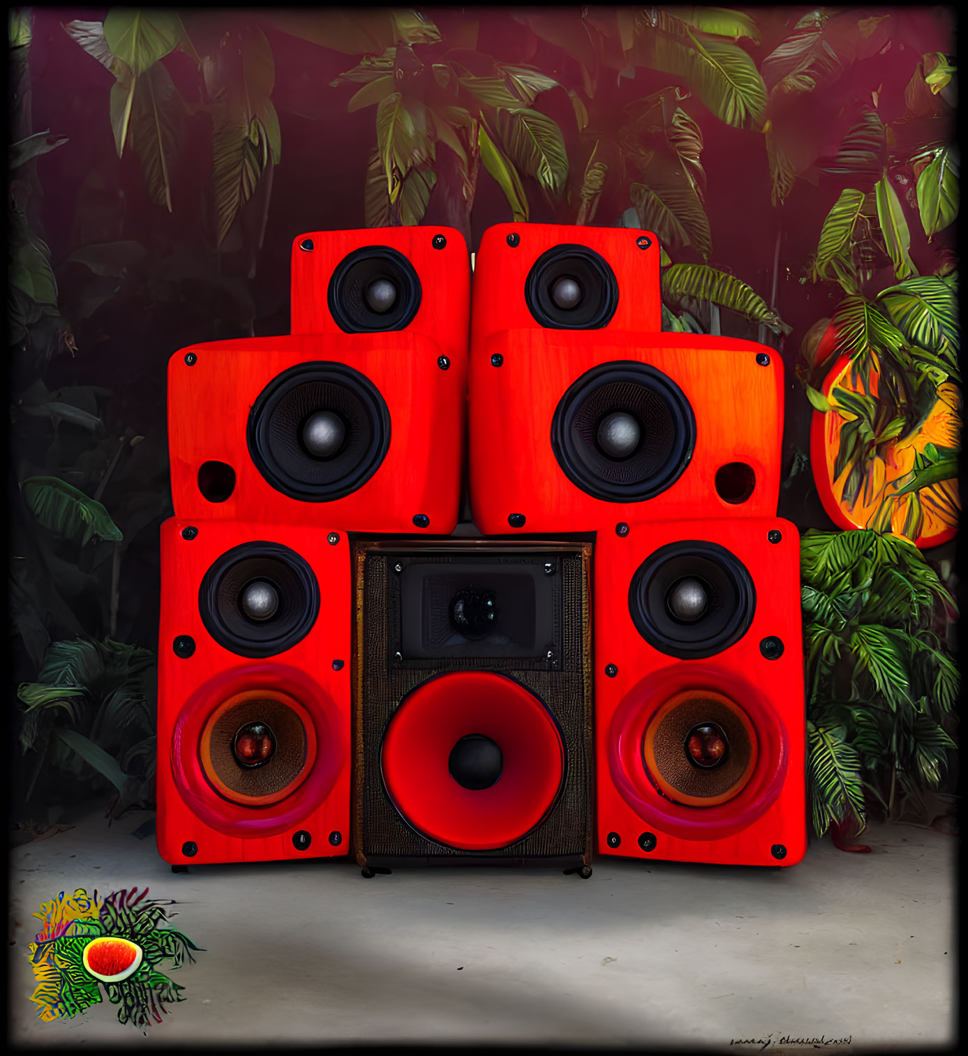 Red speaker system with subwoofer in lush green tropical setting