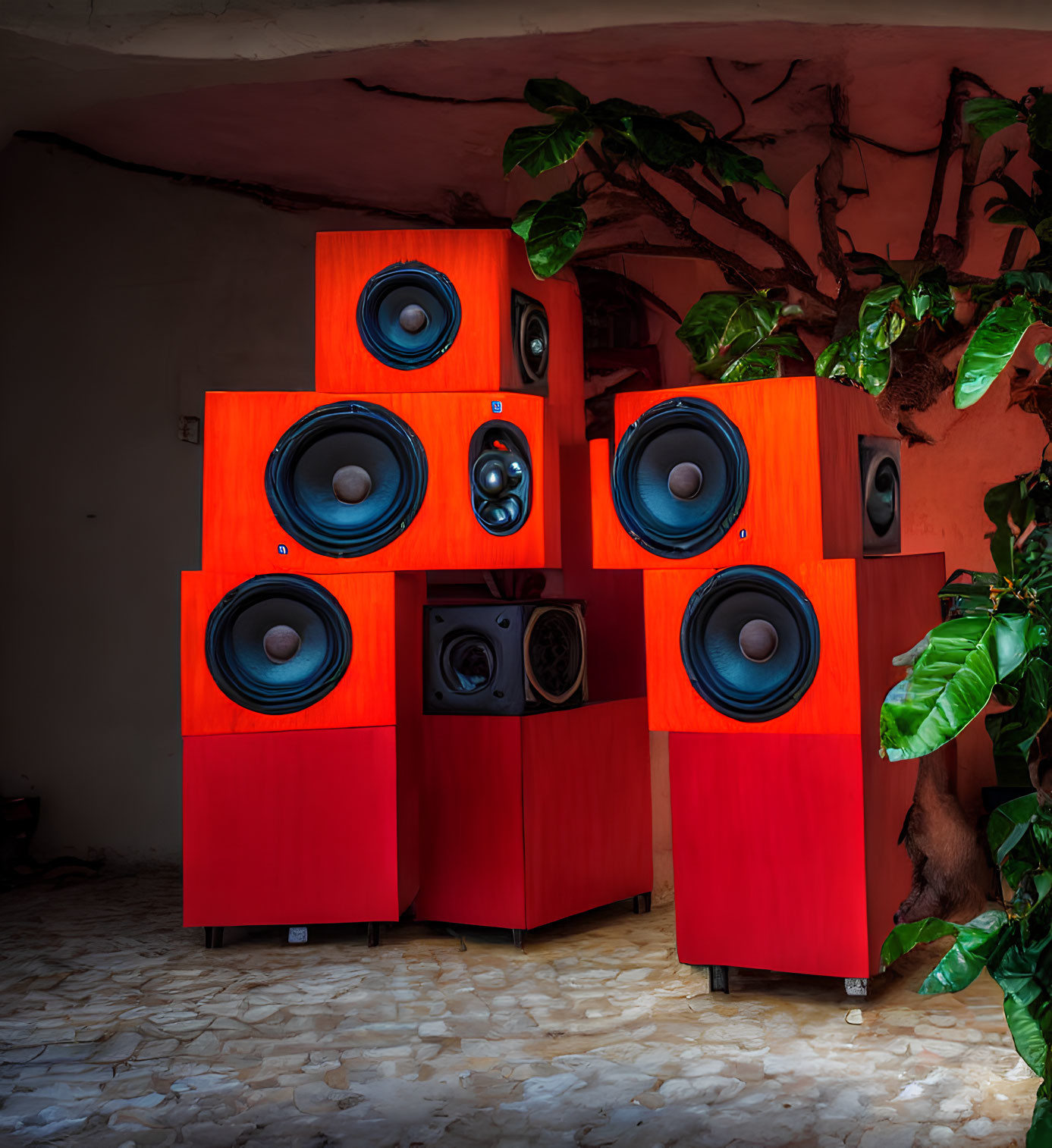 Vibrant Red Loudspeakers in Pyramid Pattern Against White Wall