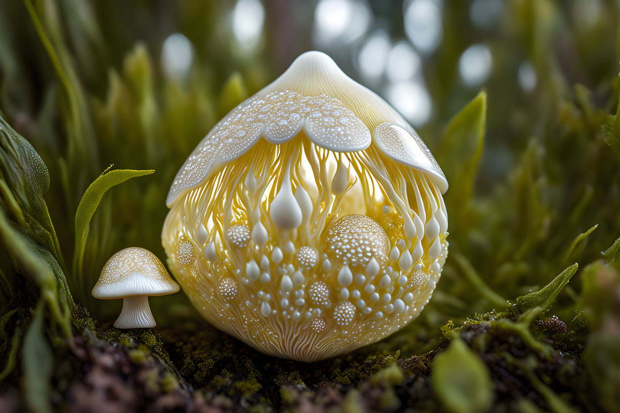 Fantasy illustration: Luminescent mushrooms in mossy forest