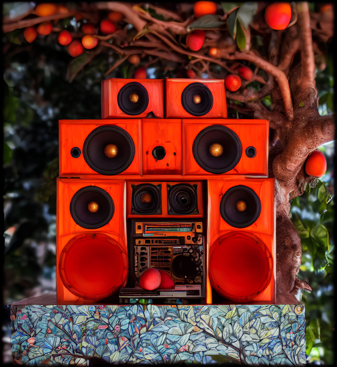 Vibrant orange speakers and audio receiver with ripe oranges and patterned surface