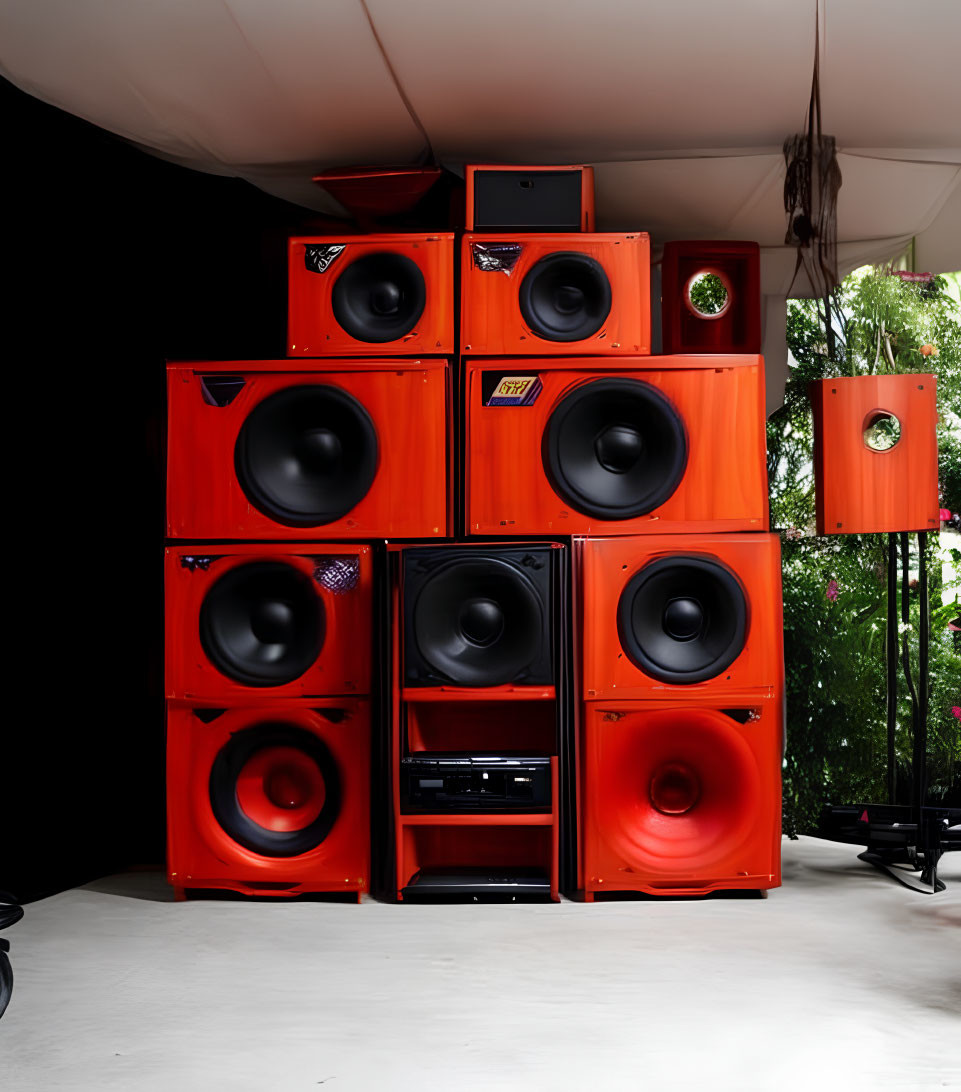 Outdoor setup of red and black speakers with woofers under canopy, surrounded by foliage