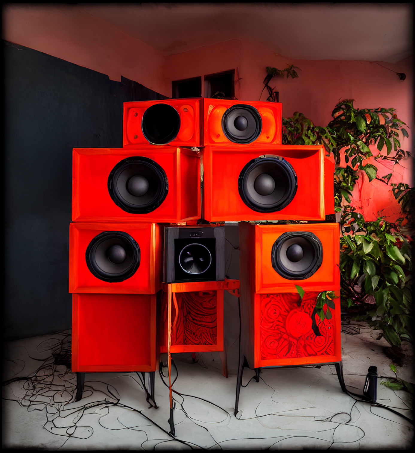 Colorful Red Speakers with Woofers in Room with Pink Walls