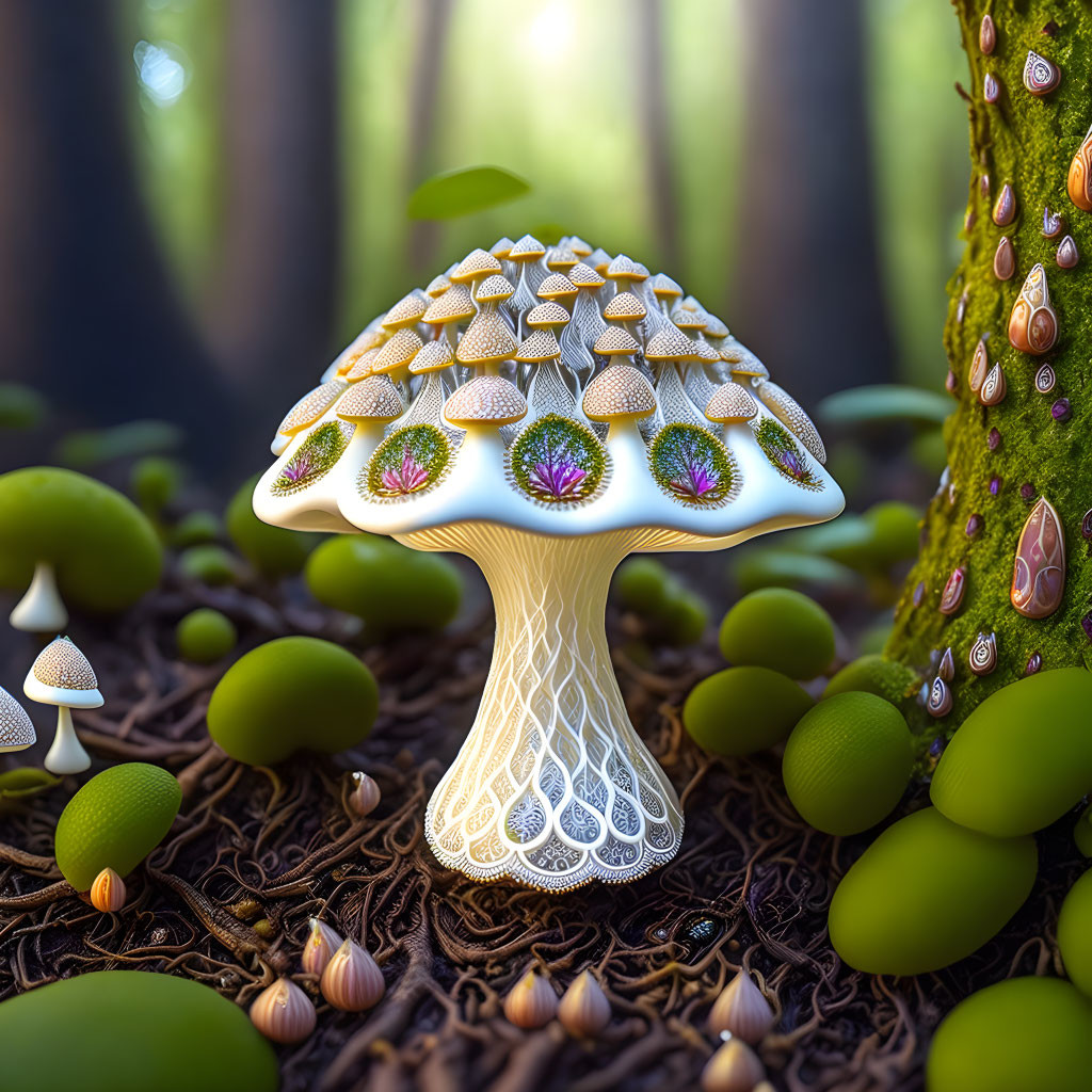Detailed illustration of intricate mushroom surrounded by whimsical forest scene