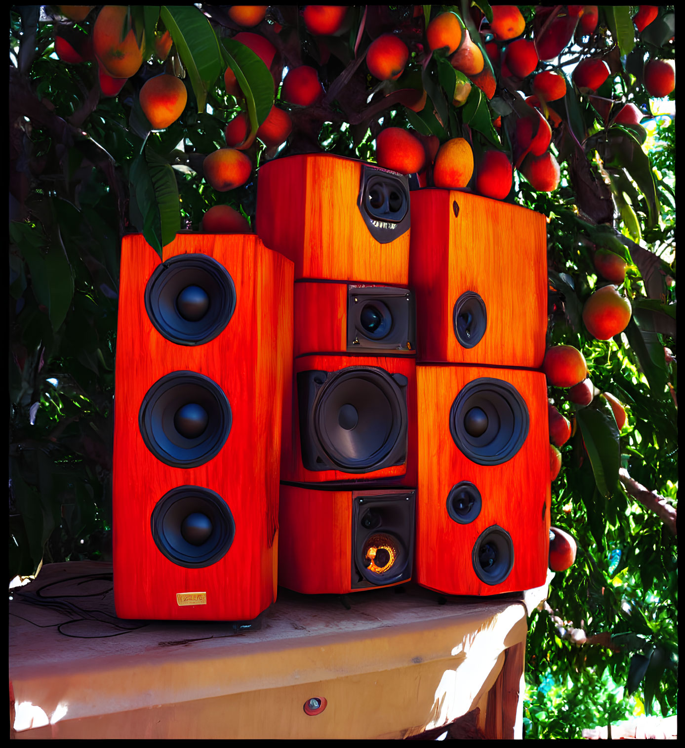 Three High-End Red Wooden Speakers Outdoors with Apple Tree Background