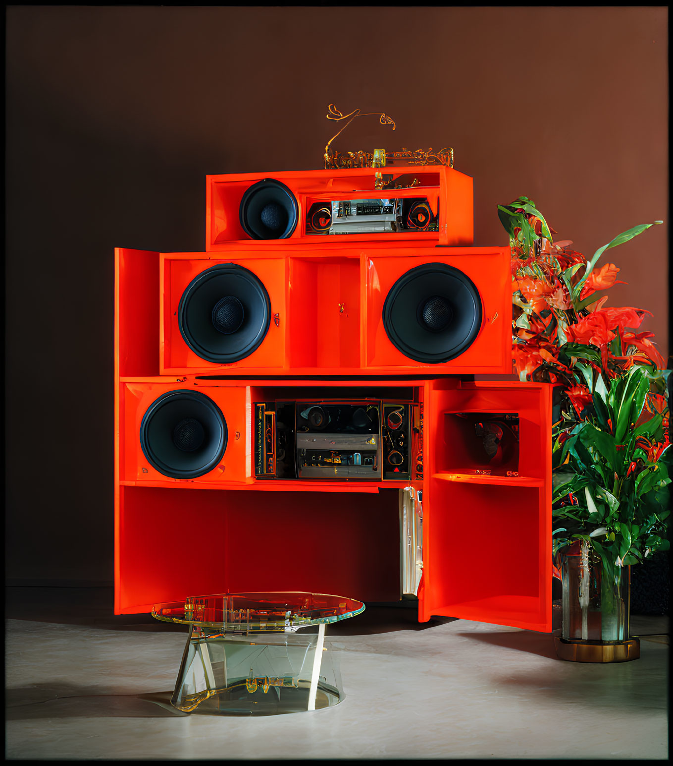 Vibrant orange shelving unit with vintage electronics, speakers, and red flowers on dark background.
