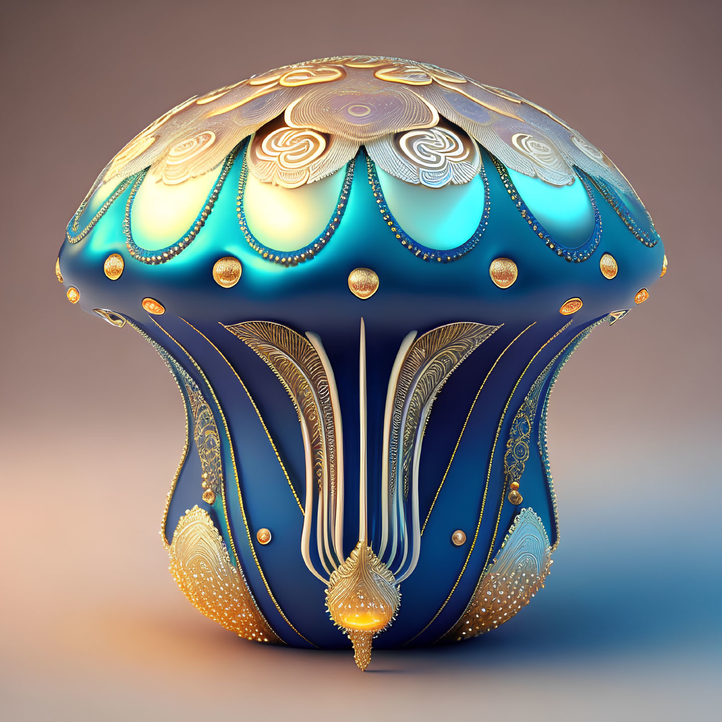 Fantasy mushroom digital art: vibrant blue cap with intricate gold and white patterns