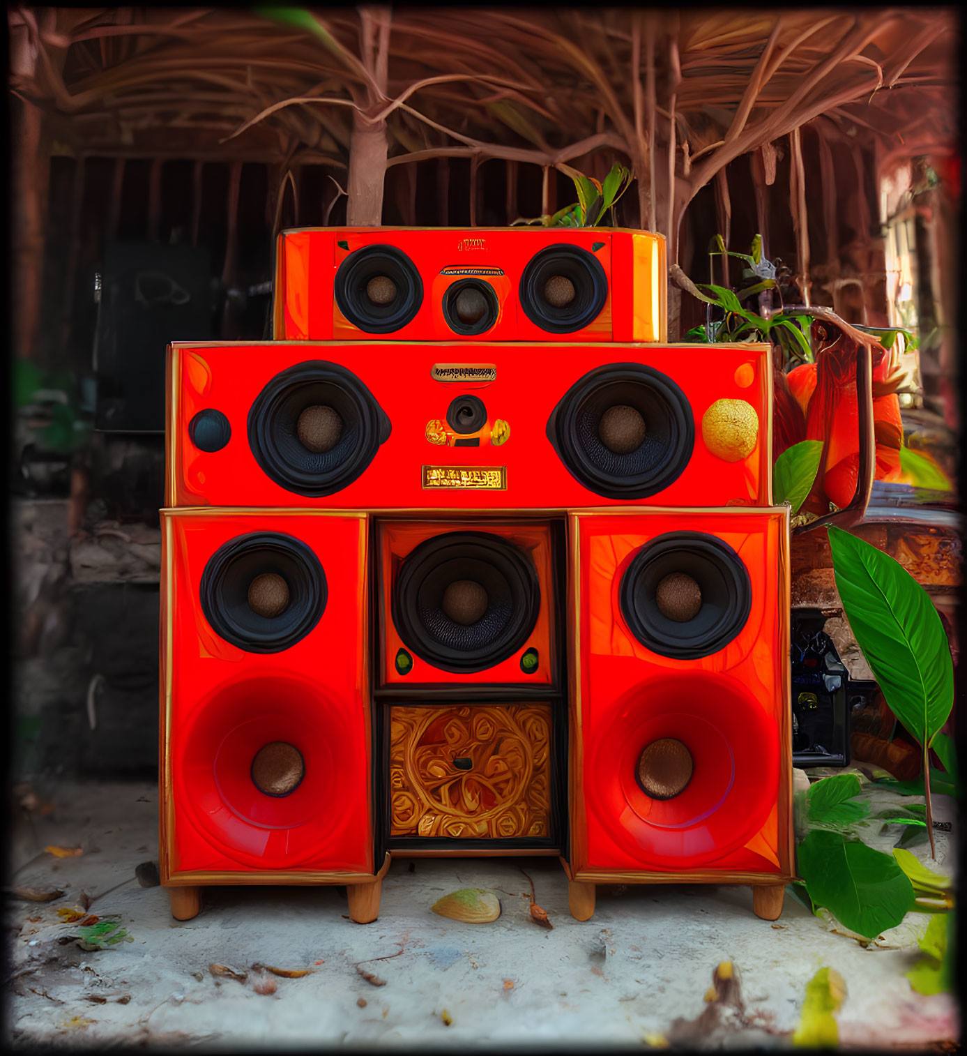 Red and Black Speaker Stack with Four Woofers and Two Tweeters Against Green Foliage