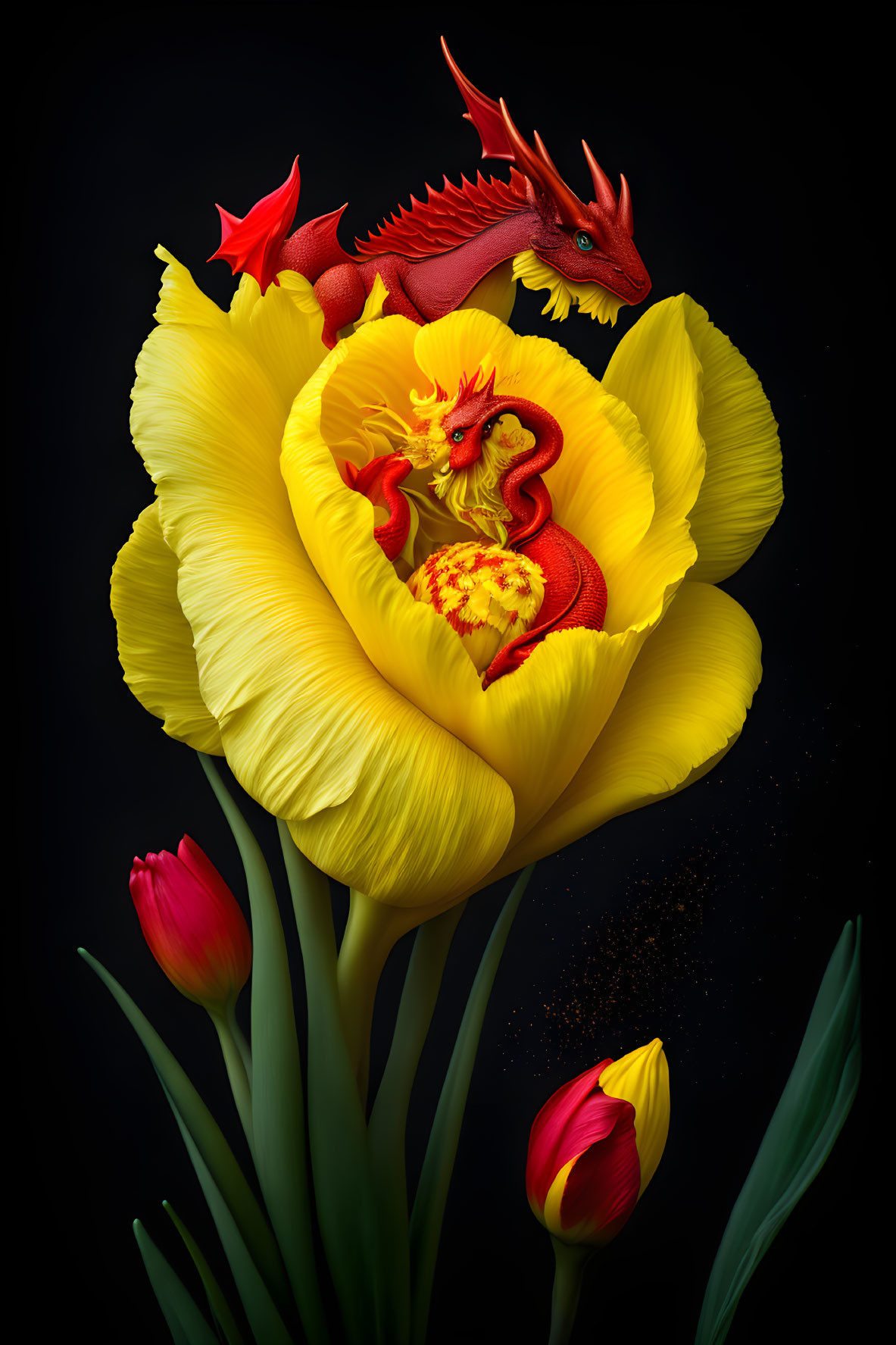 Detailed illustration: Large yellow tulip with two red dragons nestled in petals on dark background