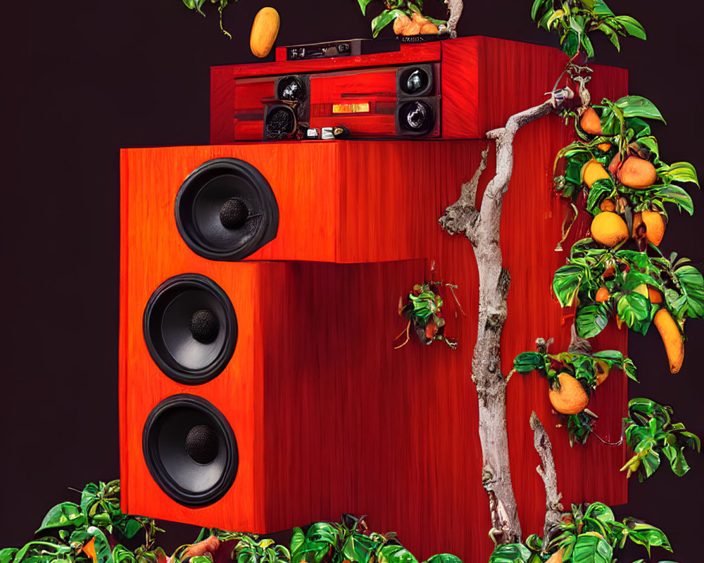 Surreal image of fruit tree and red boombox on dark background