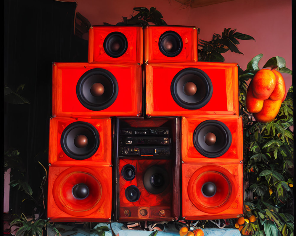 Vibrant red loudspeakers and audio gear on pink wall with fruit tree and painting
