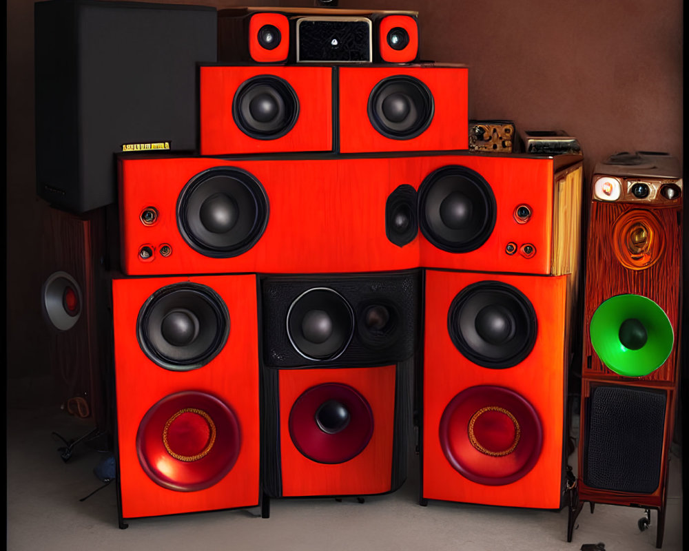 Assorted Speakers in Various Sizes and Colors, Highlighting Large Red Speakers