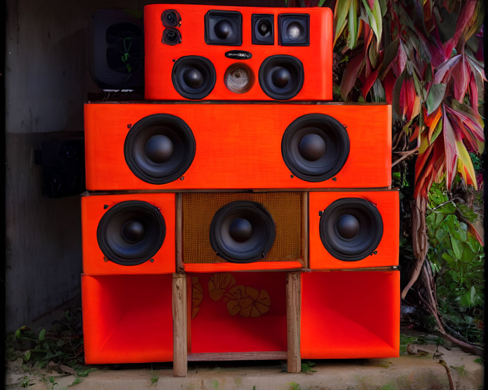 Colorful Speaker Cabinets with Woofers and Tweeters on Greenery Background