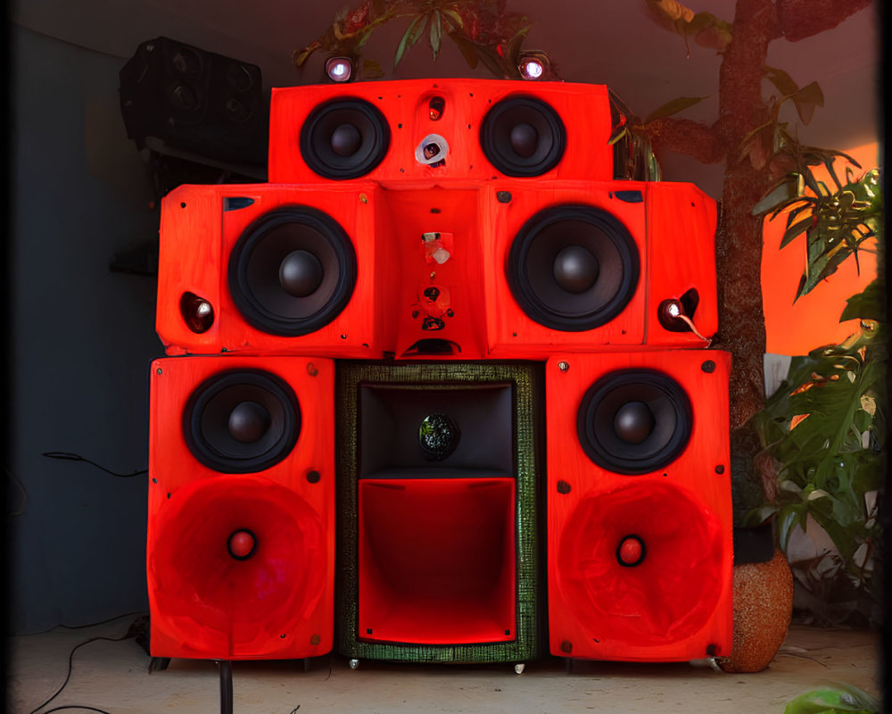 Red and Black Speakers with Green Accent on Dim Background