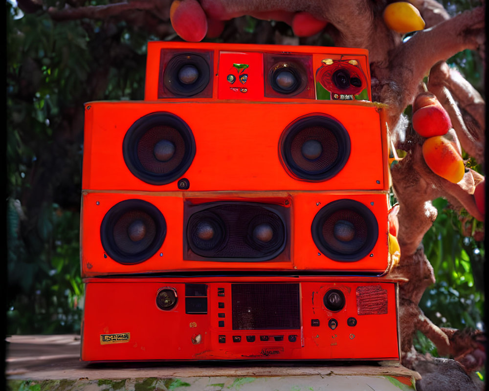 Colorful speakers with subwoofers and tweeters in front of a mango tree