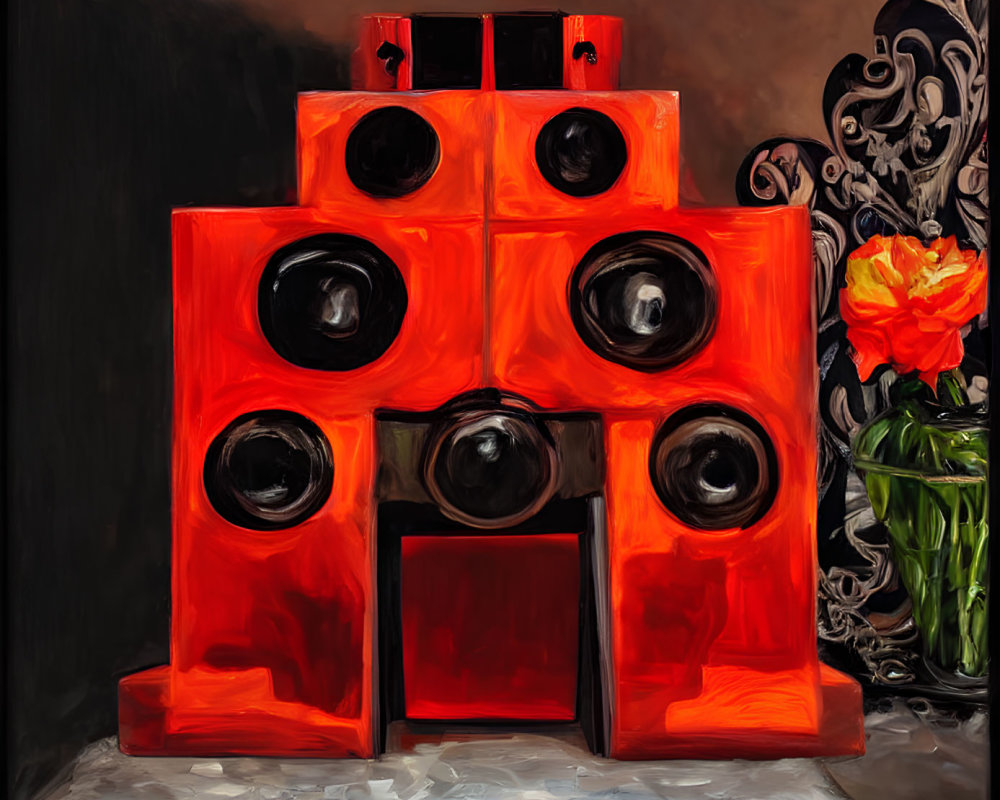 Red Speaker System with Subwoofers and Orange Flowers on Dark Background
