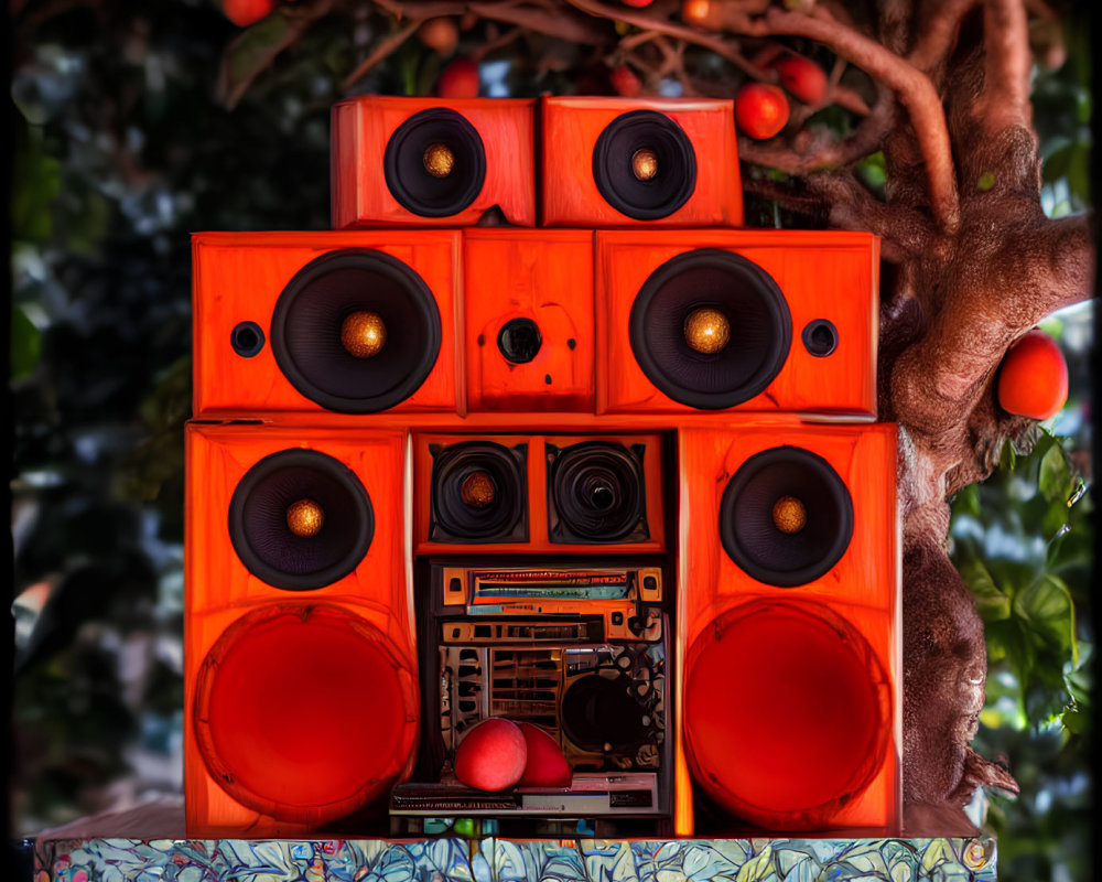 Vibrant orange speakers and audio receiver with ripe oranges and patterned surface