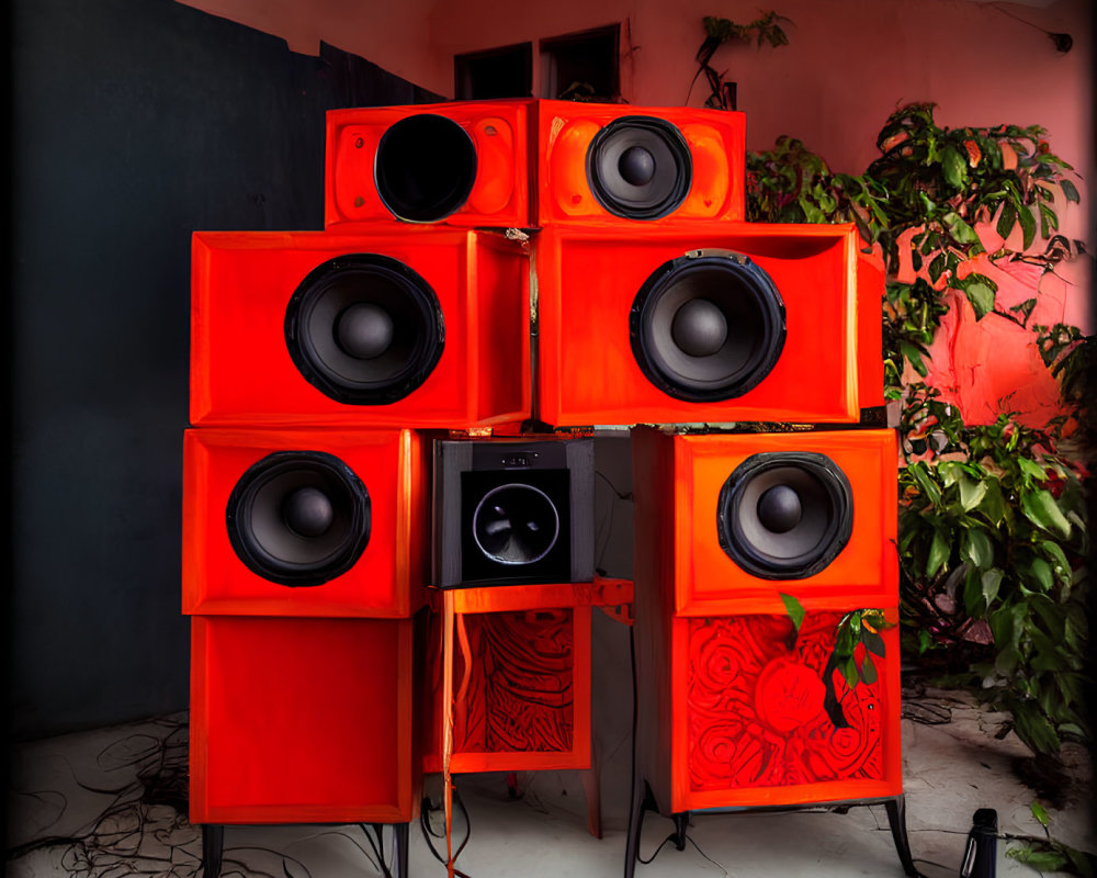 Colorful Red Speakers with Woofers in Room with Pink Walls