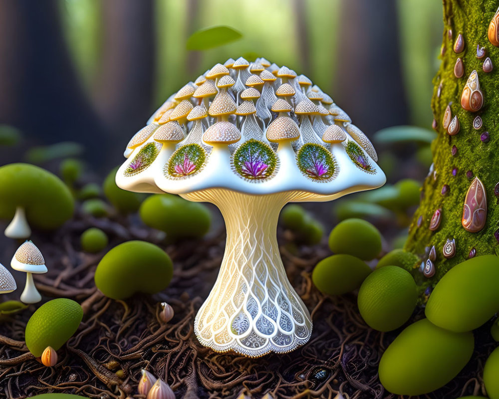 Detailed illustration of intricate mushroom surrounded by whimsical forest scene