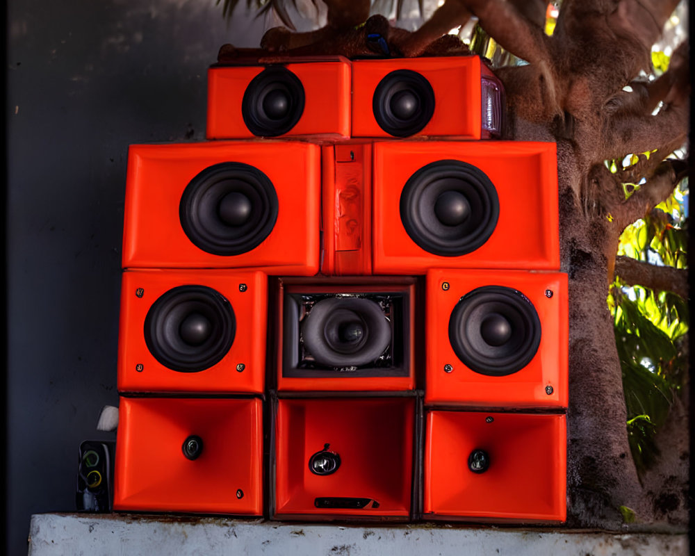 Vibrant orange speakers under shady tree create outdoor musical vibe