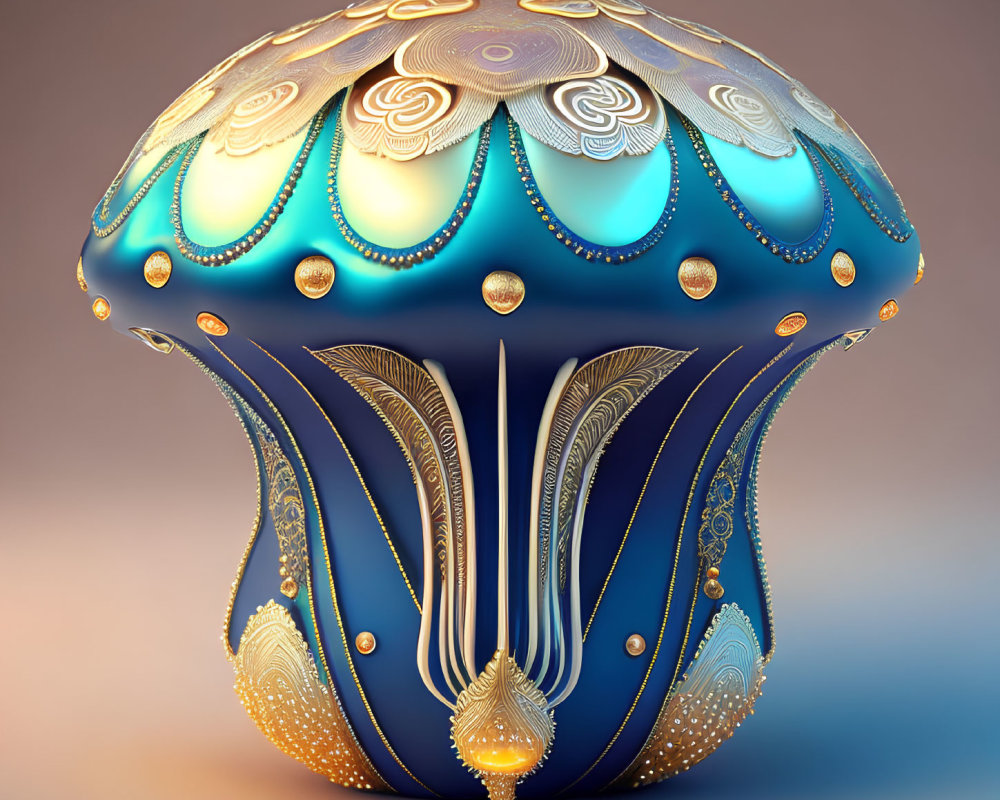 Fantasy mushroom digital art: vibrant blue cap with intricate gold and white patterns