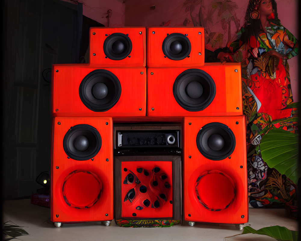 Red speaker system with multiple woofers in room with woman painting