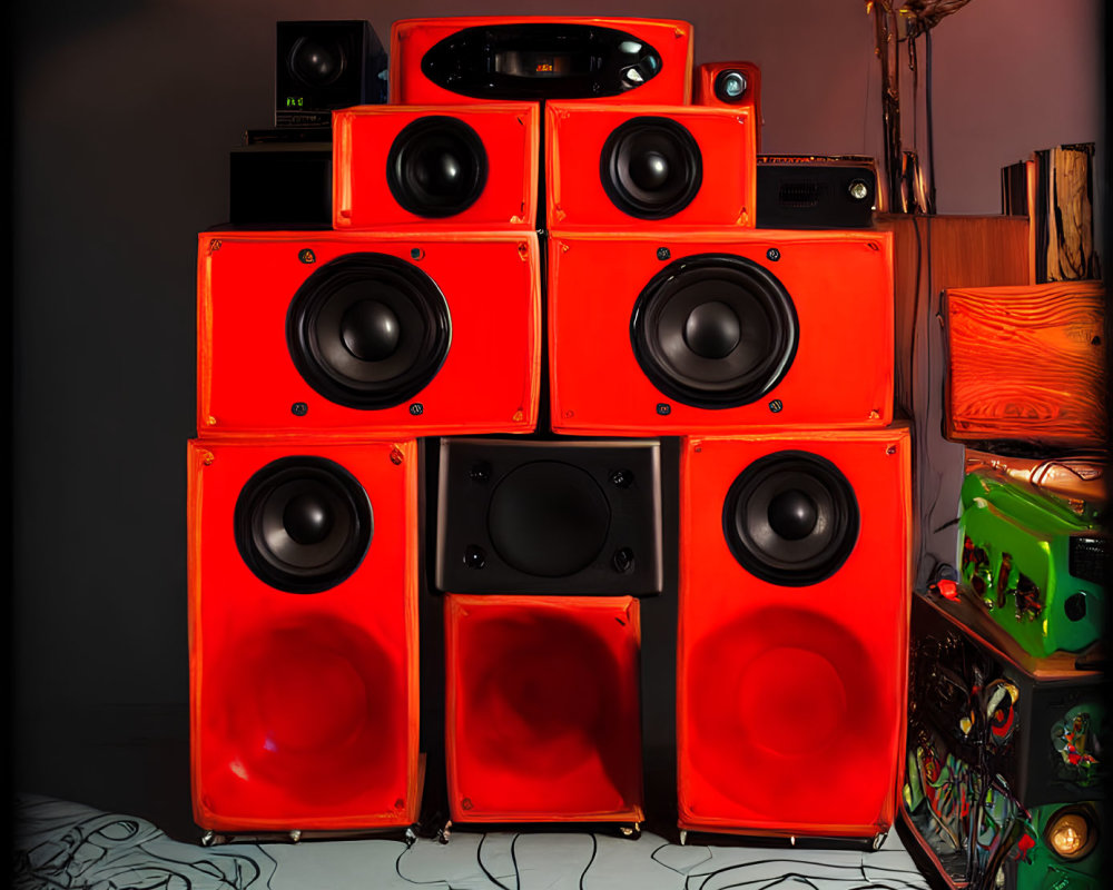 Vibrant red speakers of varying sizes on gray background with tangled cables