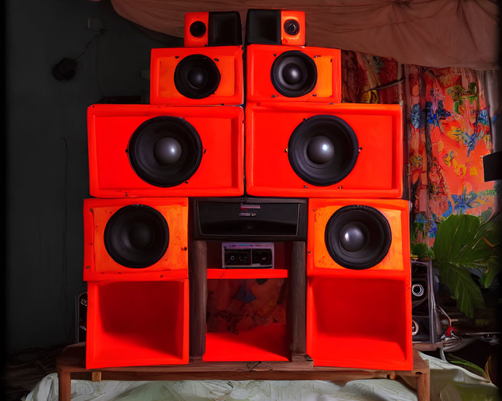 Colorful Orange Speakers on Eclectic Room Bed with CD Player