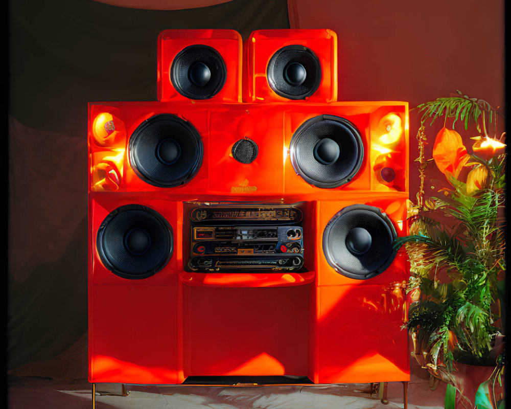 Vintage Red Sound System with Multiple Speakers and Cassette Player illuminated by Warm Lights on Dark Background with Plant