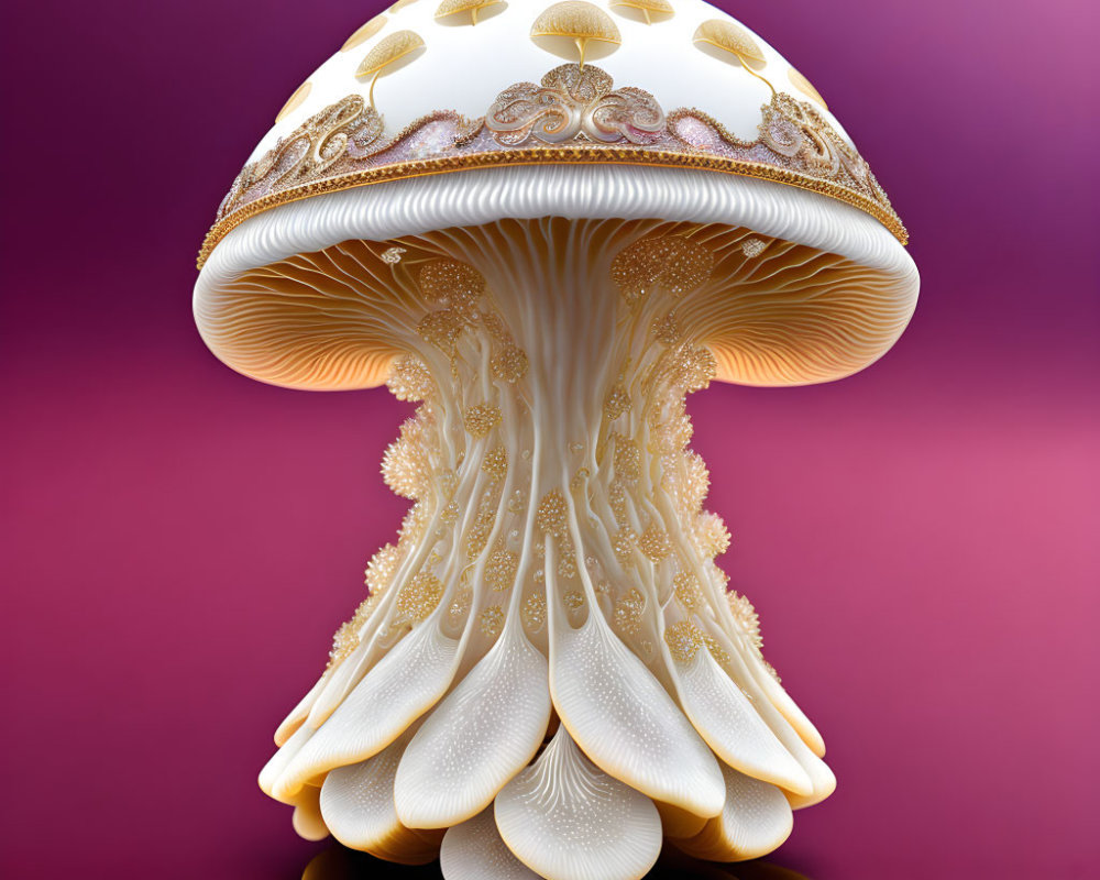Intricate digitally-created ornate mushroom on purple background