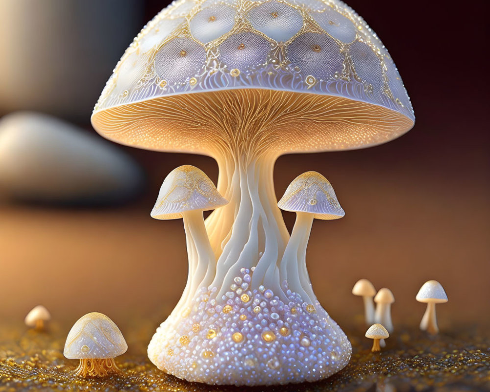 Fantastical mushroom with translucent canopy on golden ground