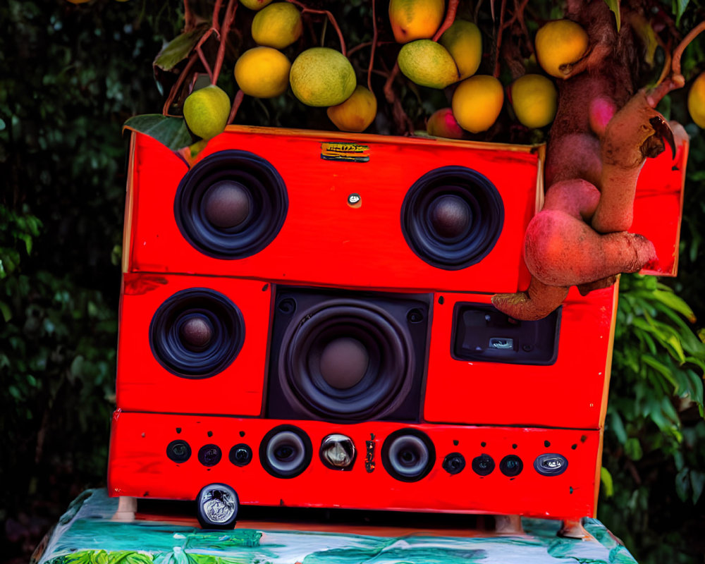 Colorful Boombox with Multiple Speakers on Tropical Print Table