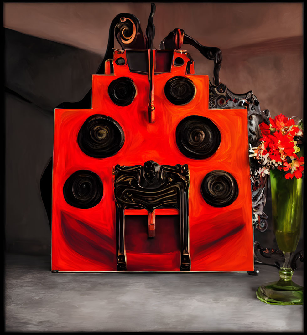 Abstract red sculpture with speaker-like elements, black ornate seat, and flower vase