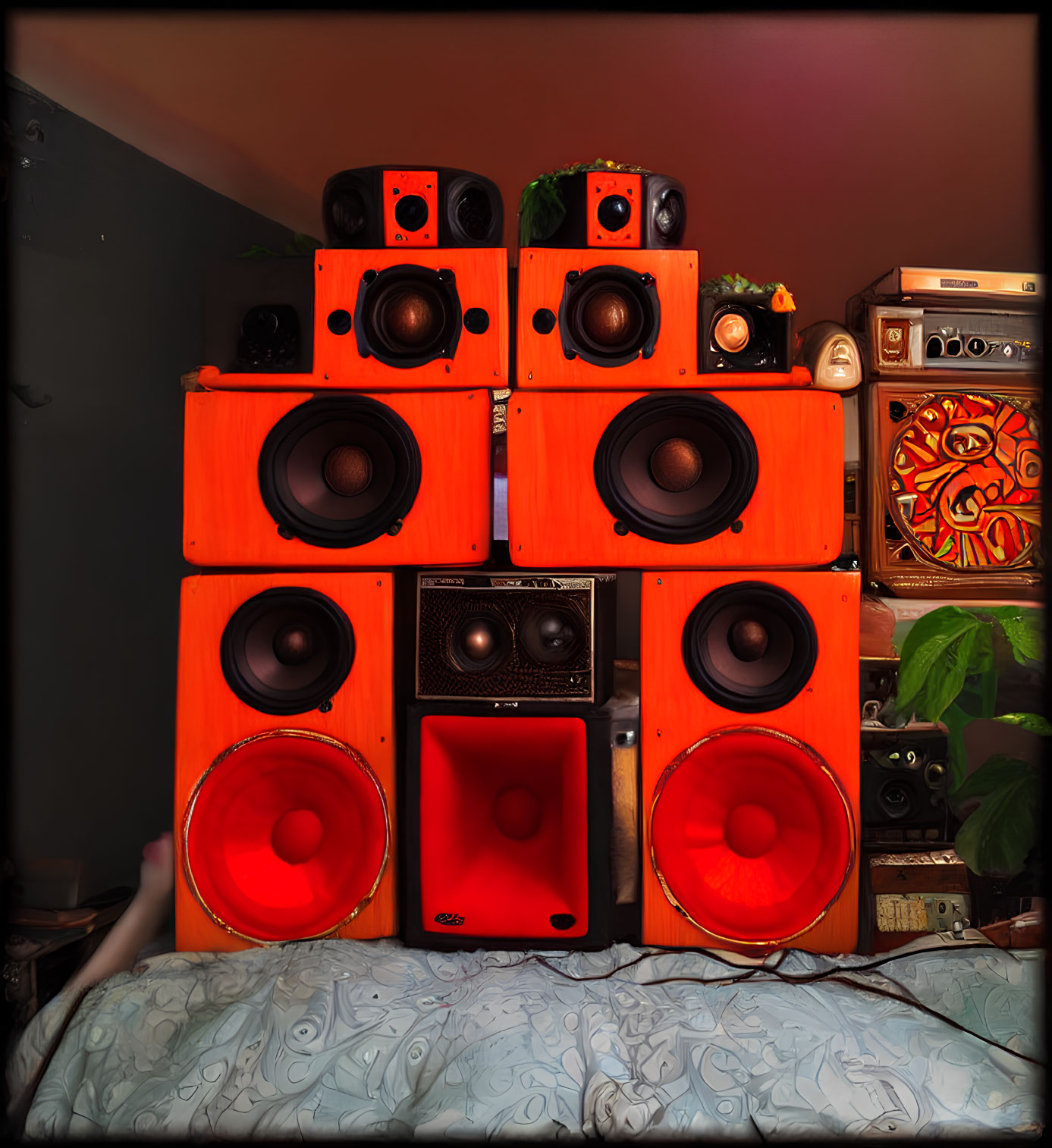 Colorful Speaker Setup Above Bed with Houseplants and Eclectic Decor