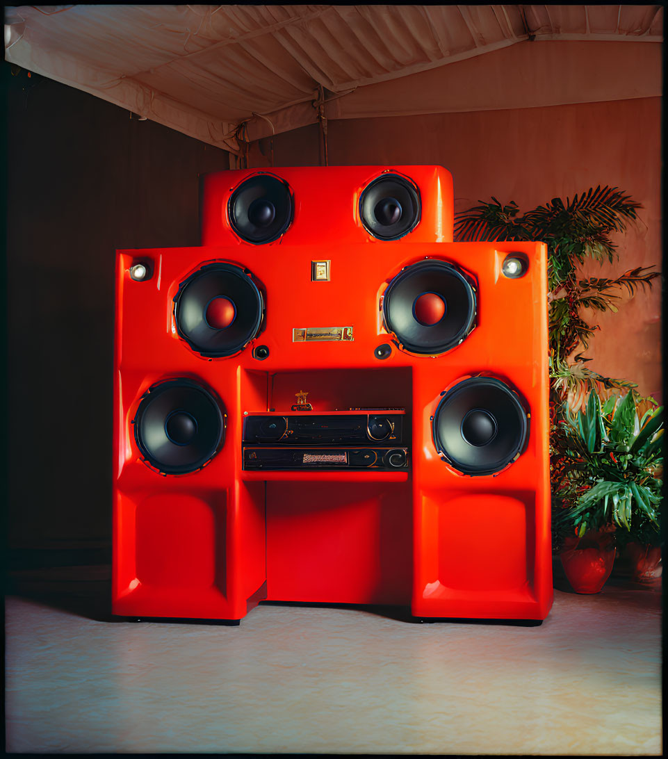 Vintage red speaker system with woofers, cassette deck, plant, and draped backdrop