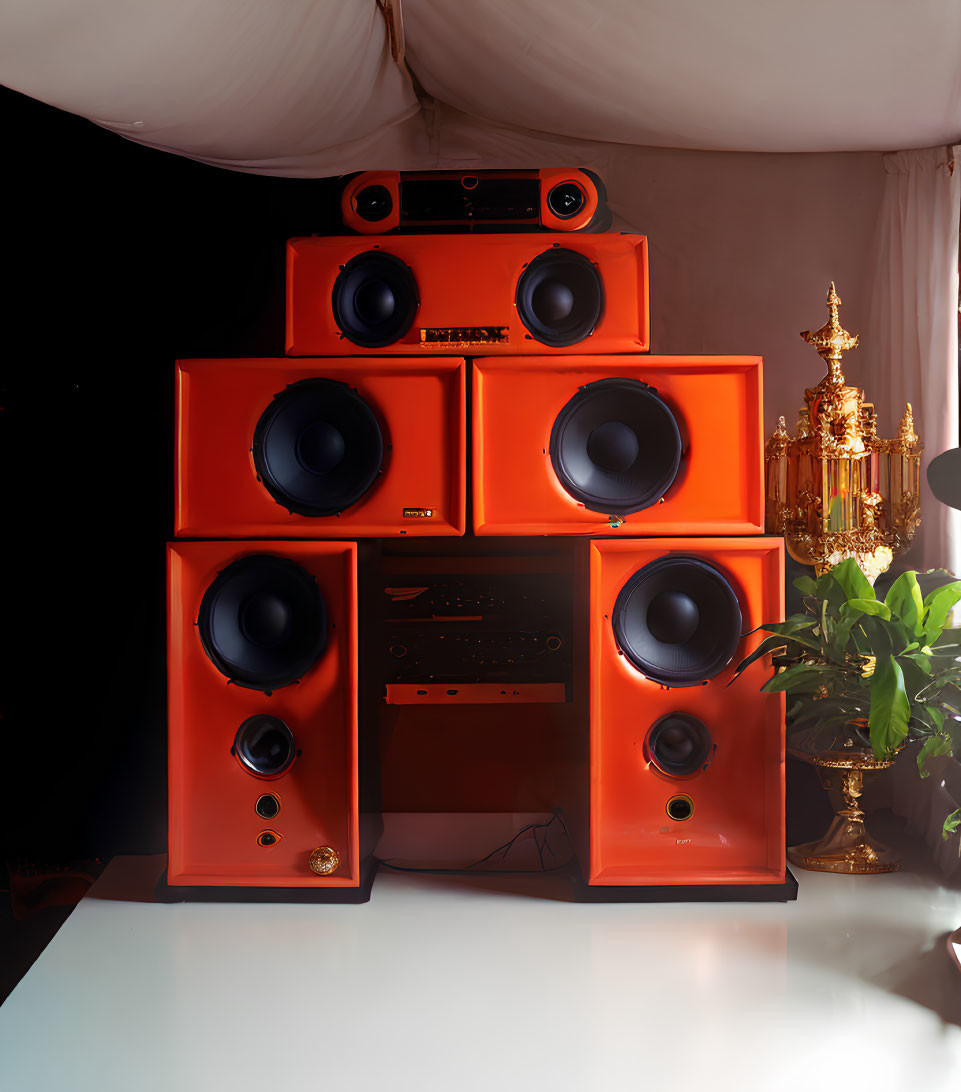 Luxurious High-End Audio System with Large Orange Speakers, Digital Receiver, Decorative Plant, and