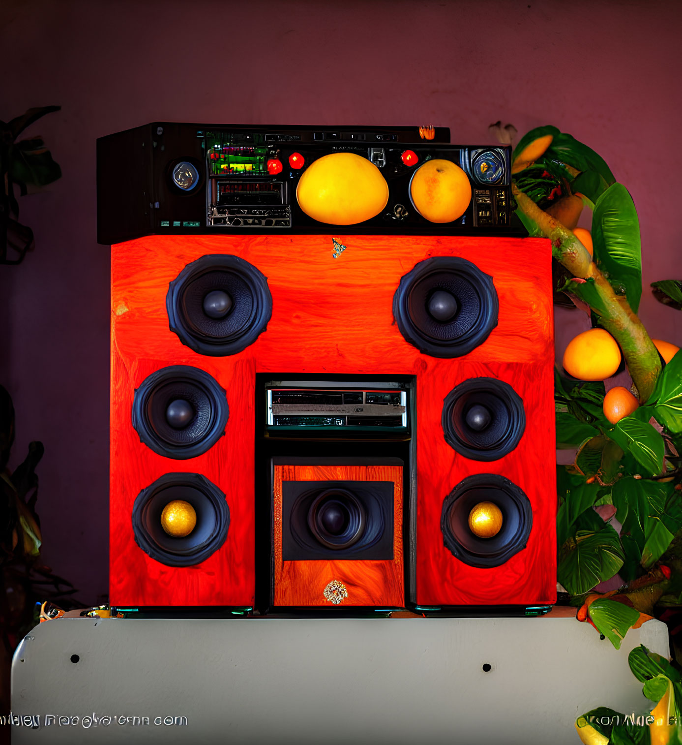 Custom Speaker Cabinet with Four Black Speakers, Audio Cassette Deck, Lemons, Green Leaves, and