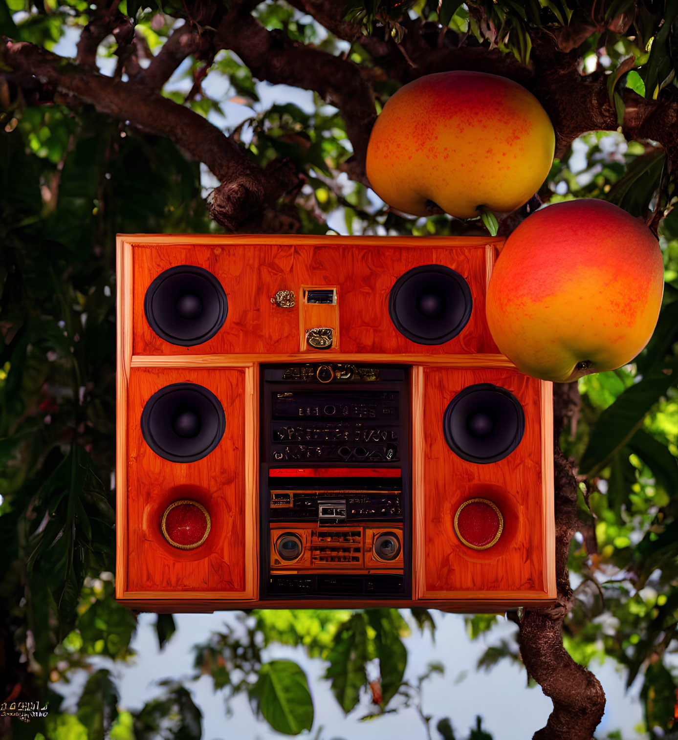 Vintage boombox with wood finish in nature setting among mangoes and green leaves