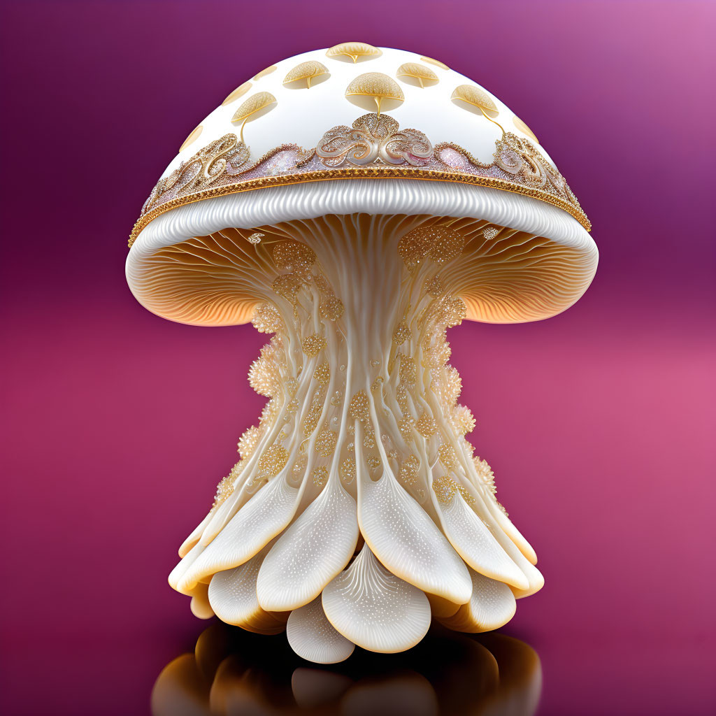 Intricate digitally-created ornate mushroom on purple background