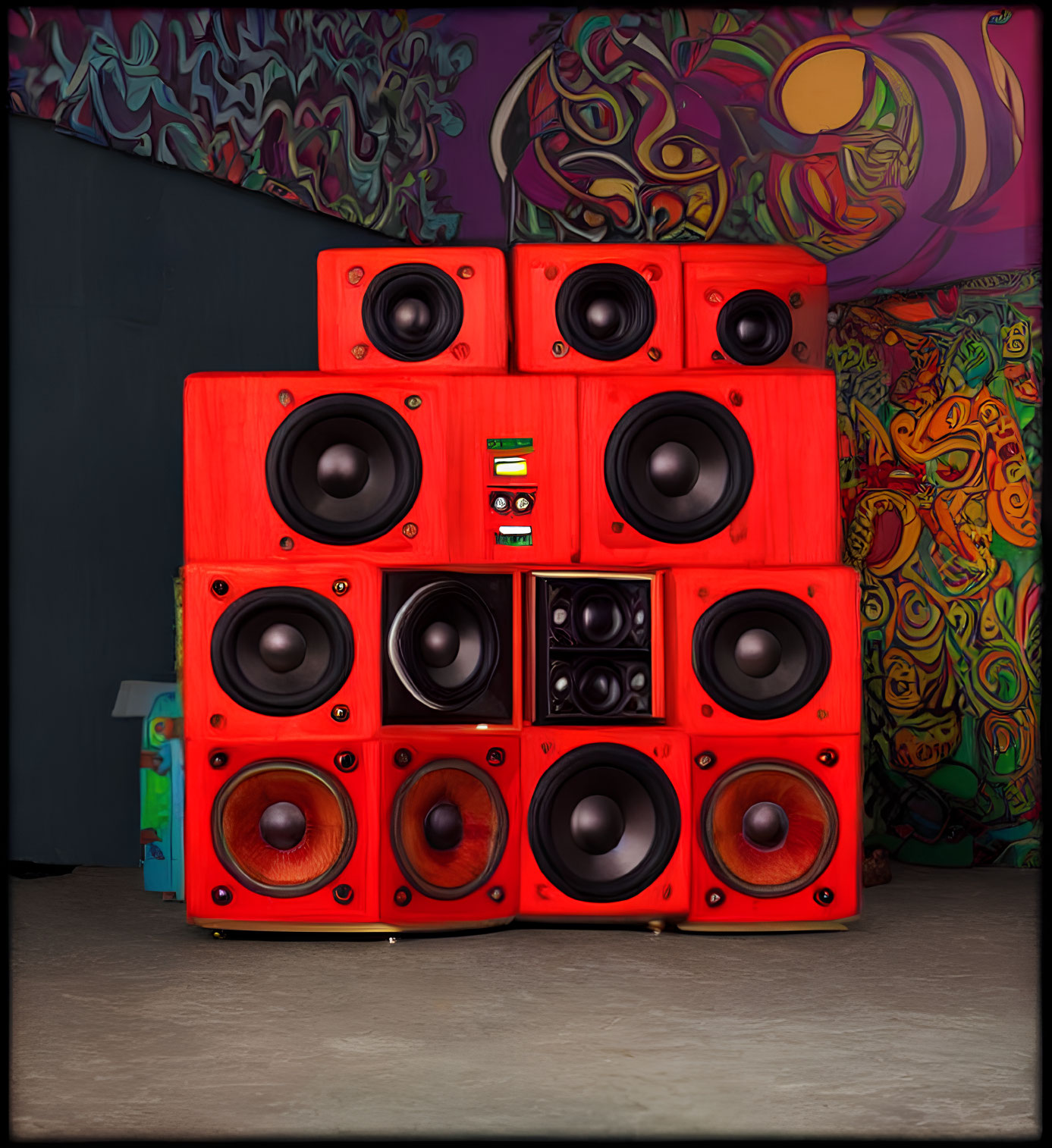 Vibrant graffiti art room with stack of red speakers