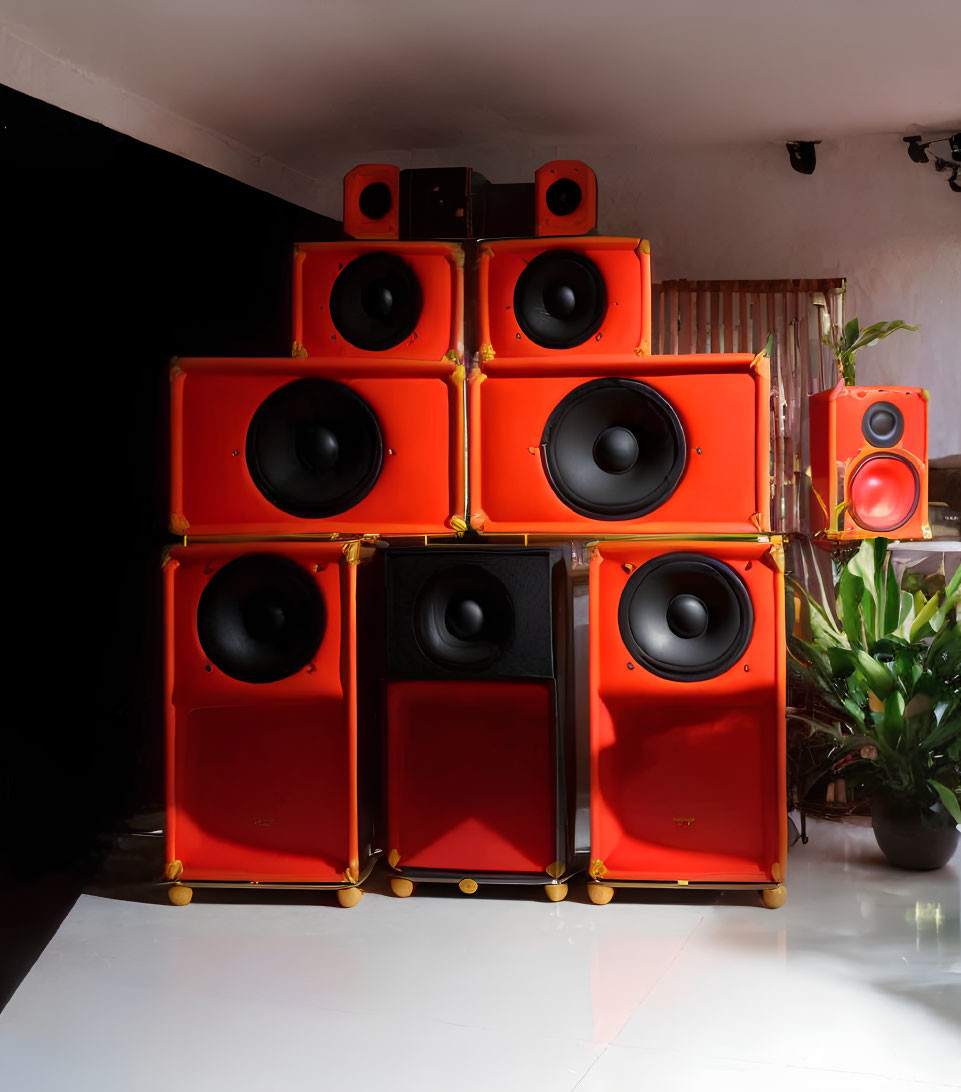 Vibrant red speakers in modern room with plant