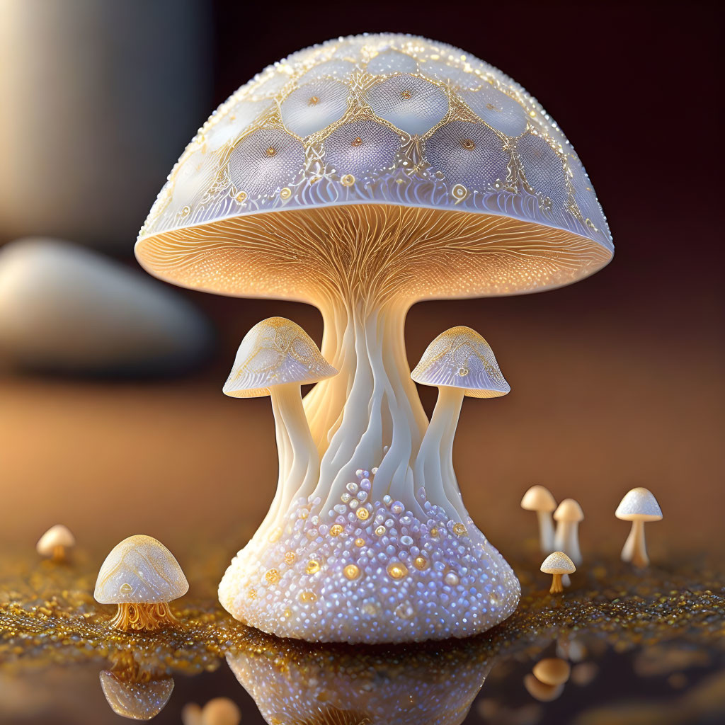 Fantastical mushroom with translucent canopy on golden ground