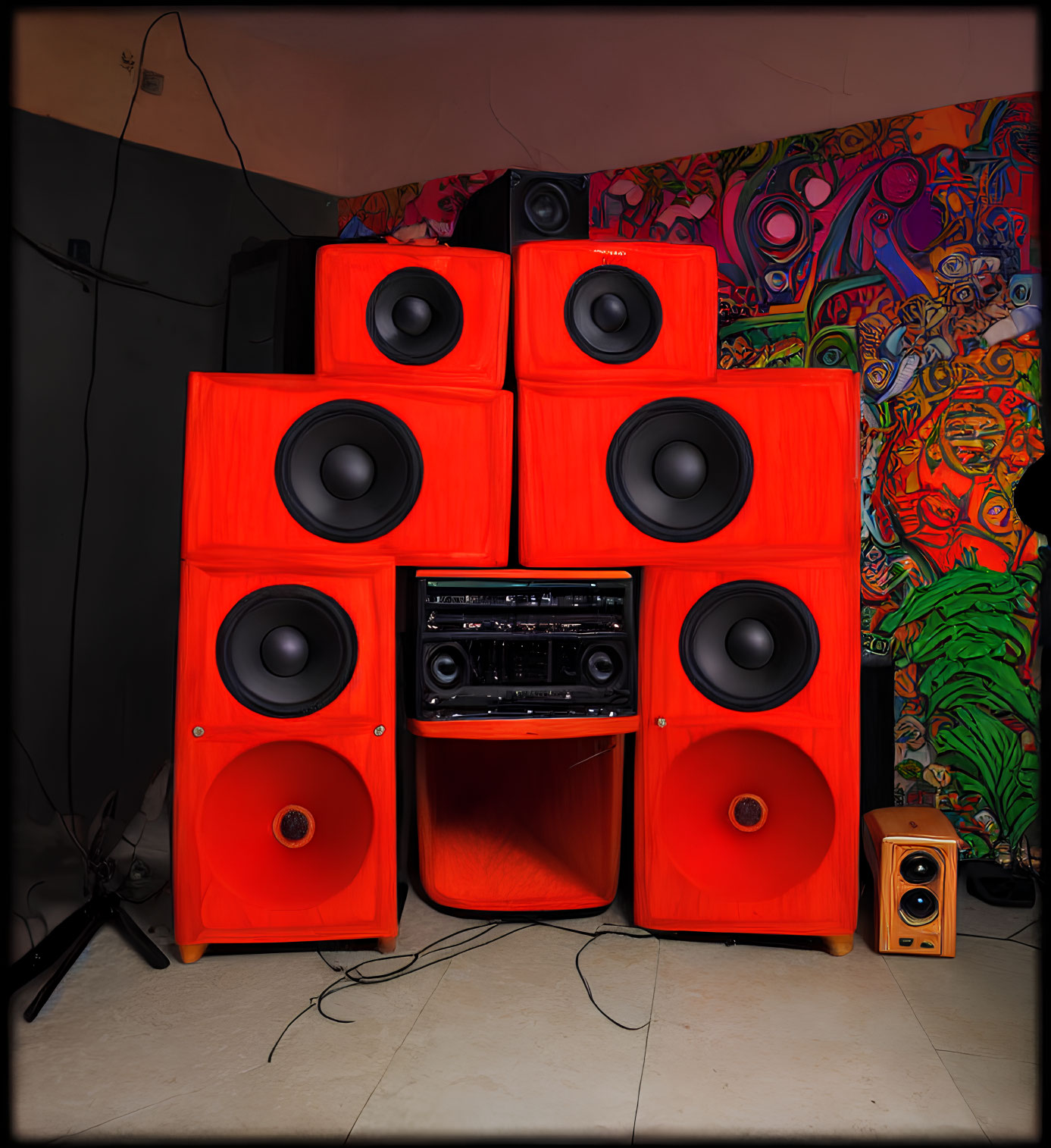 Red Speaker System with Black Amplifier and Graffiti Background