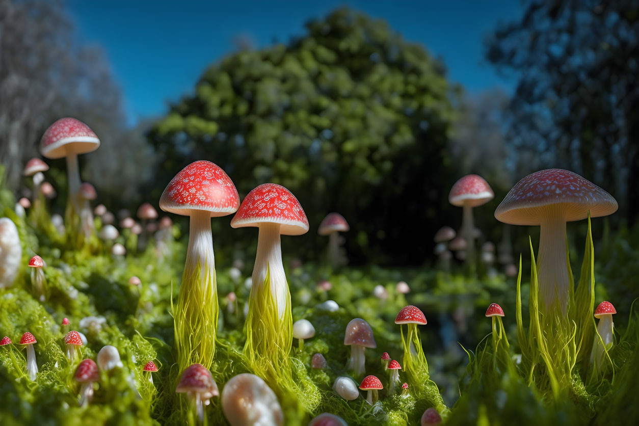Red-Capped Mushrooms with White Spots in Mossy Forest Scene